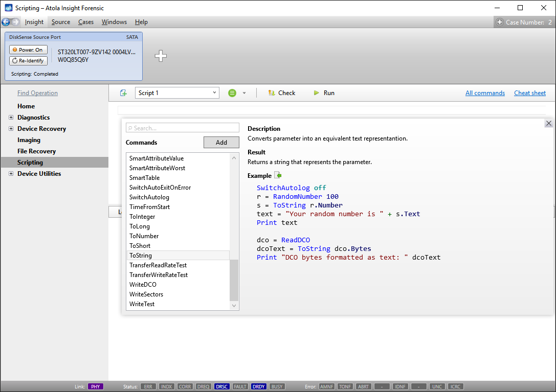 Forensic scripting command panel