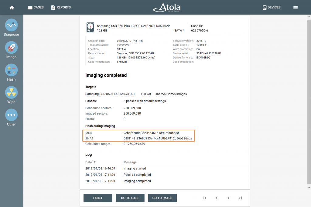 Imaging to an E01 file with dual hash