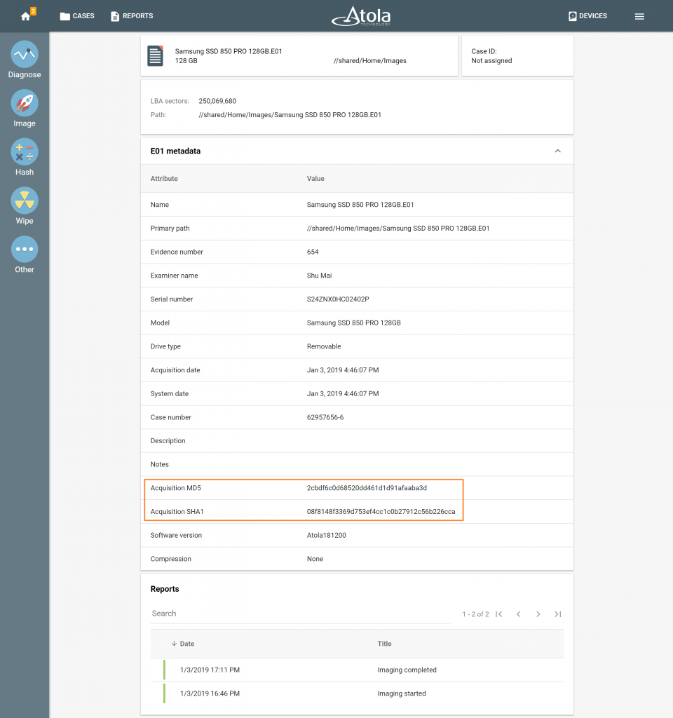 Imaging to an E01 file with dual hash