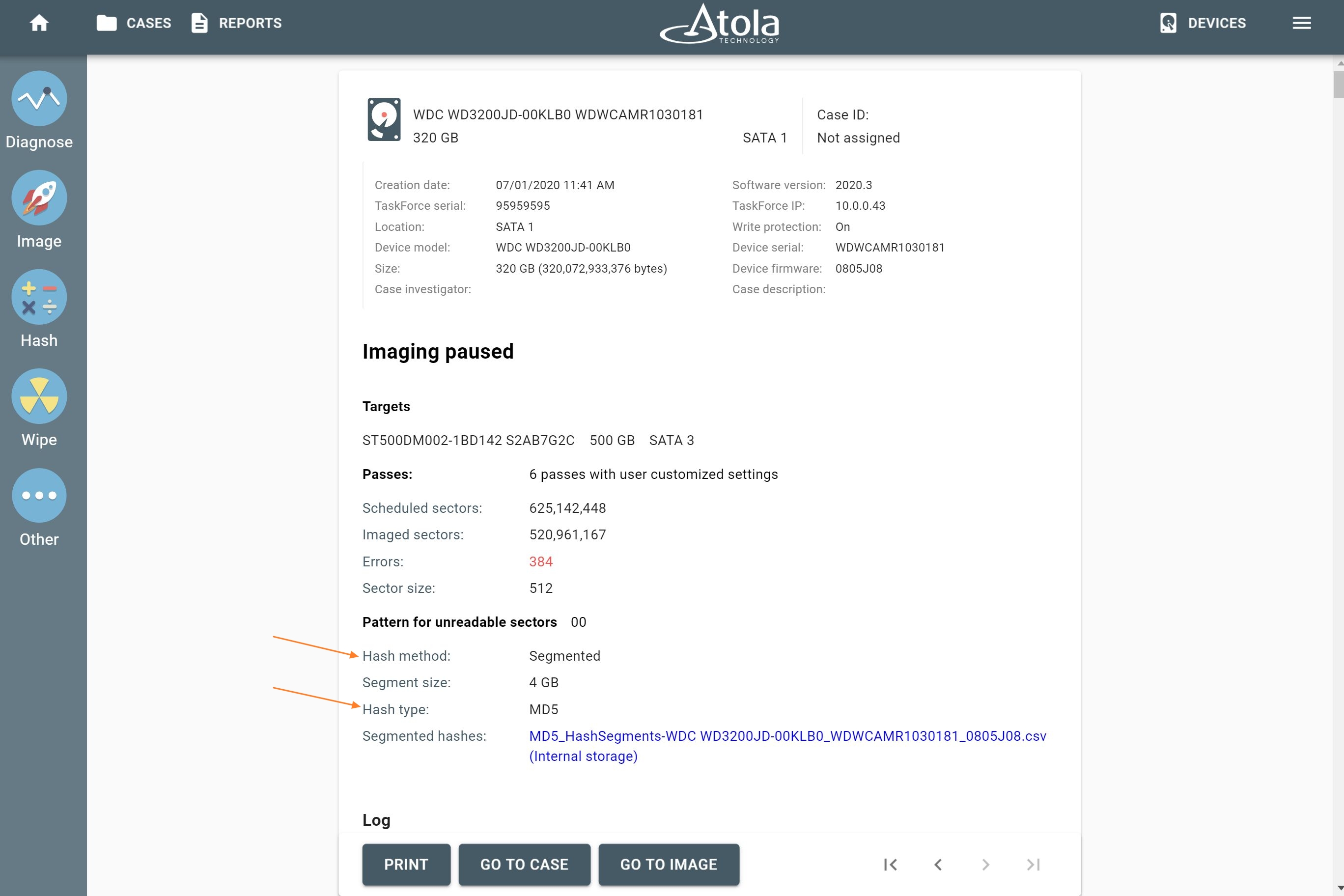 imaging report with segmented hash