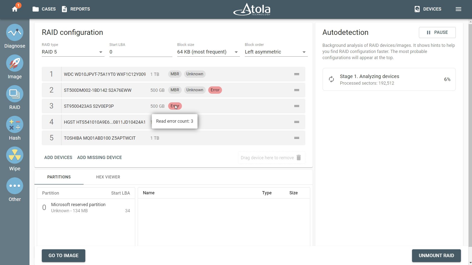 RAID configuration autodetection and error tags on drives