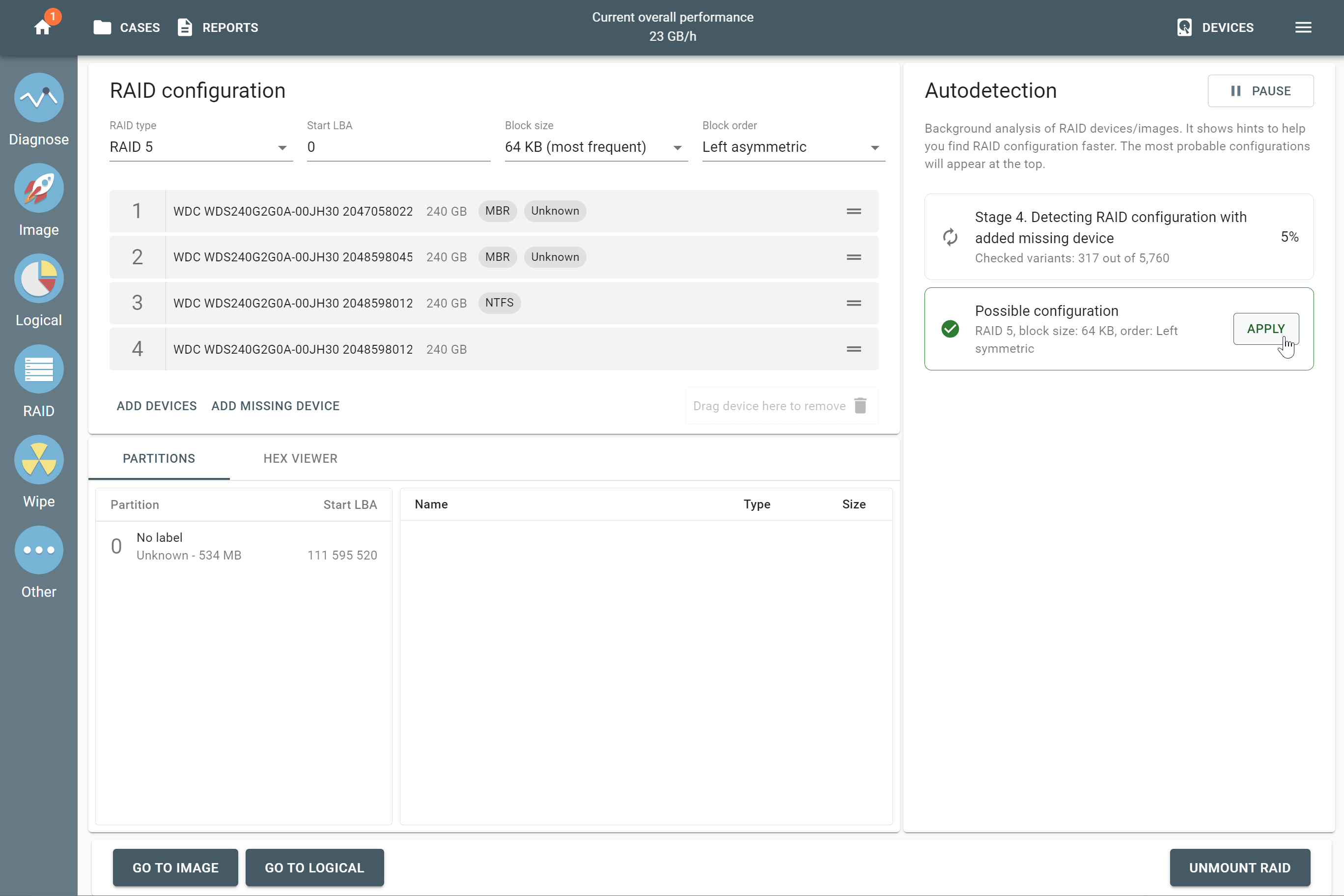 Autodetection of RAID 5 configuration with one missing device in Atola TaskForce.