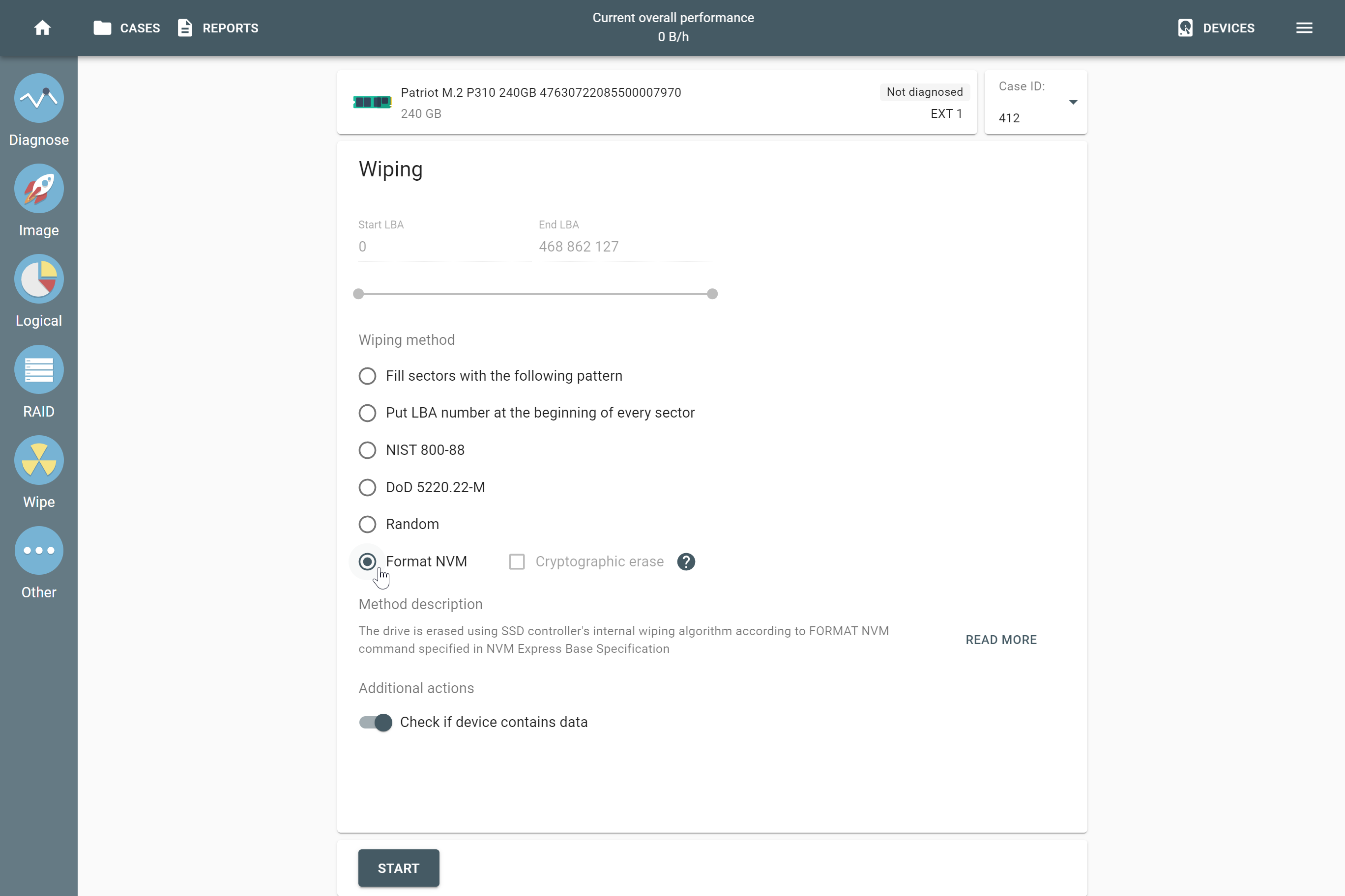 Secure wiping of NVMe device with Format NVM command in Atola TaskForce.