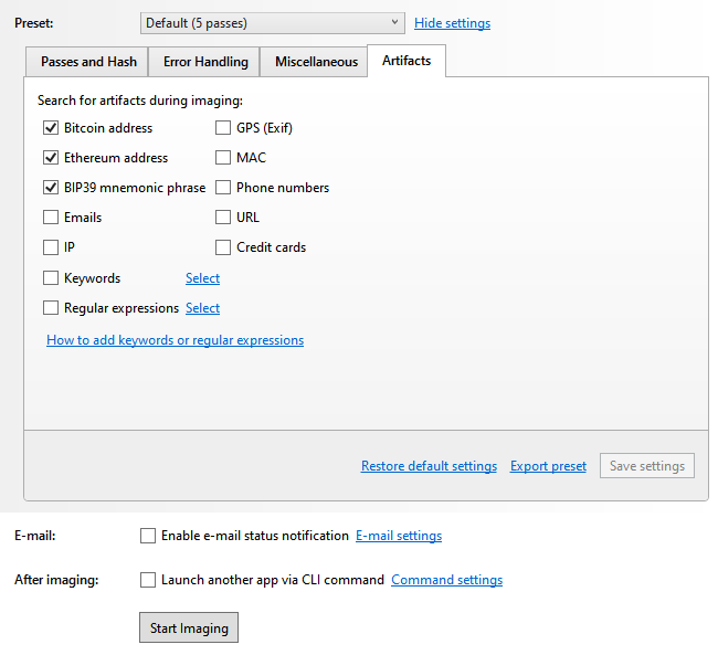Artifacts type selection in the imaging settings.