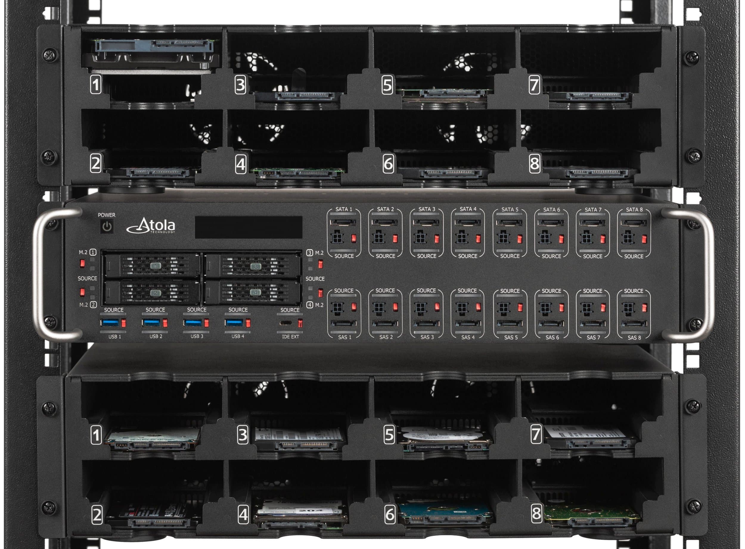 Atola TaskForce 2 mounted into a server rack along with two Atola Device Racks