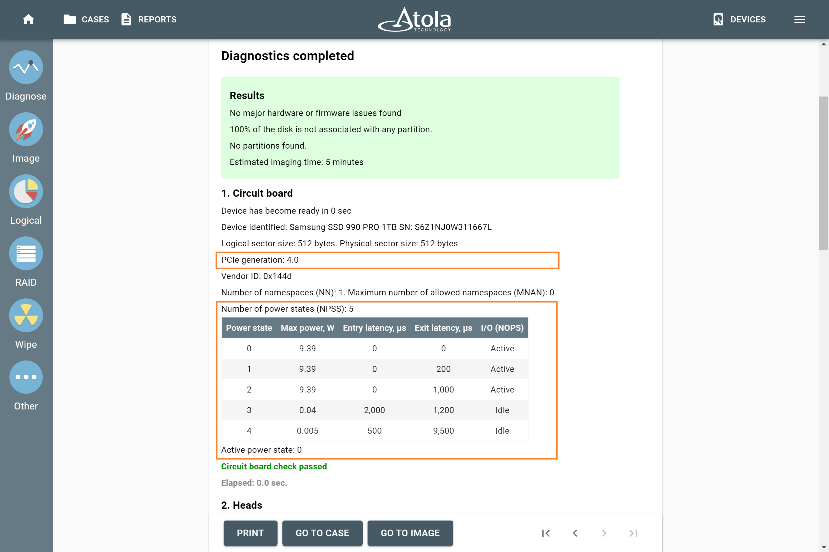 The enhanced Diagnostics report for NVMe drives in Atola TaskForce 2023.10.