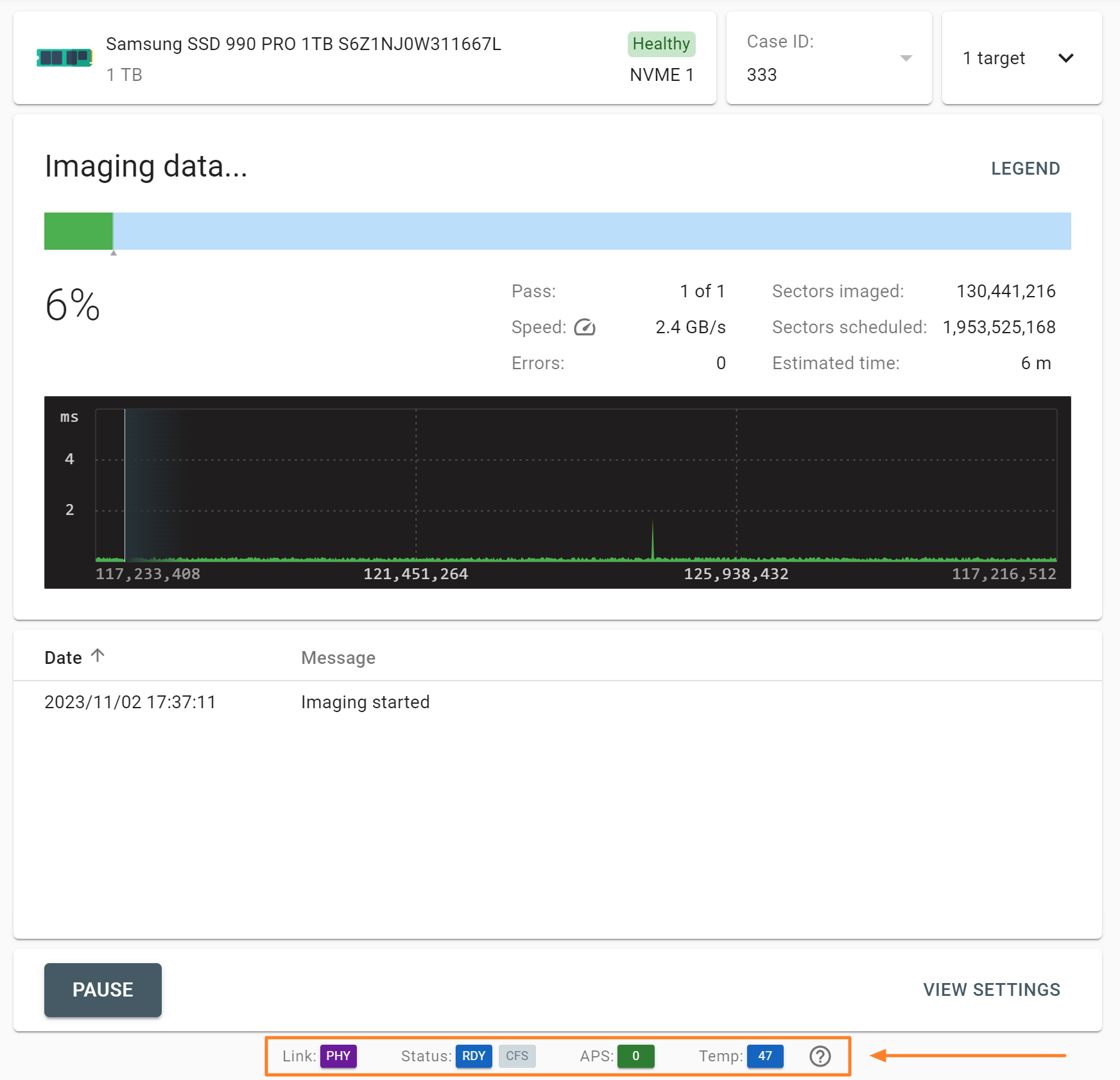 A new status bar for NVMe drives in Atola TaskForce 2023.10