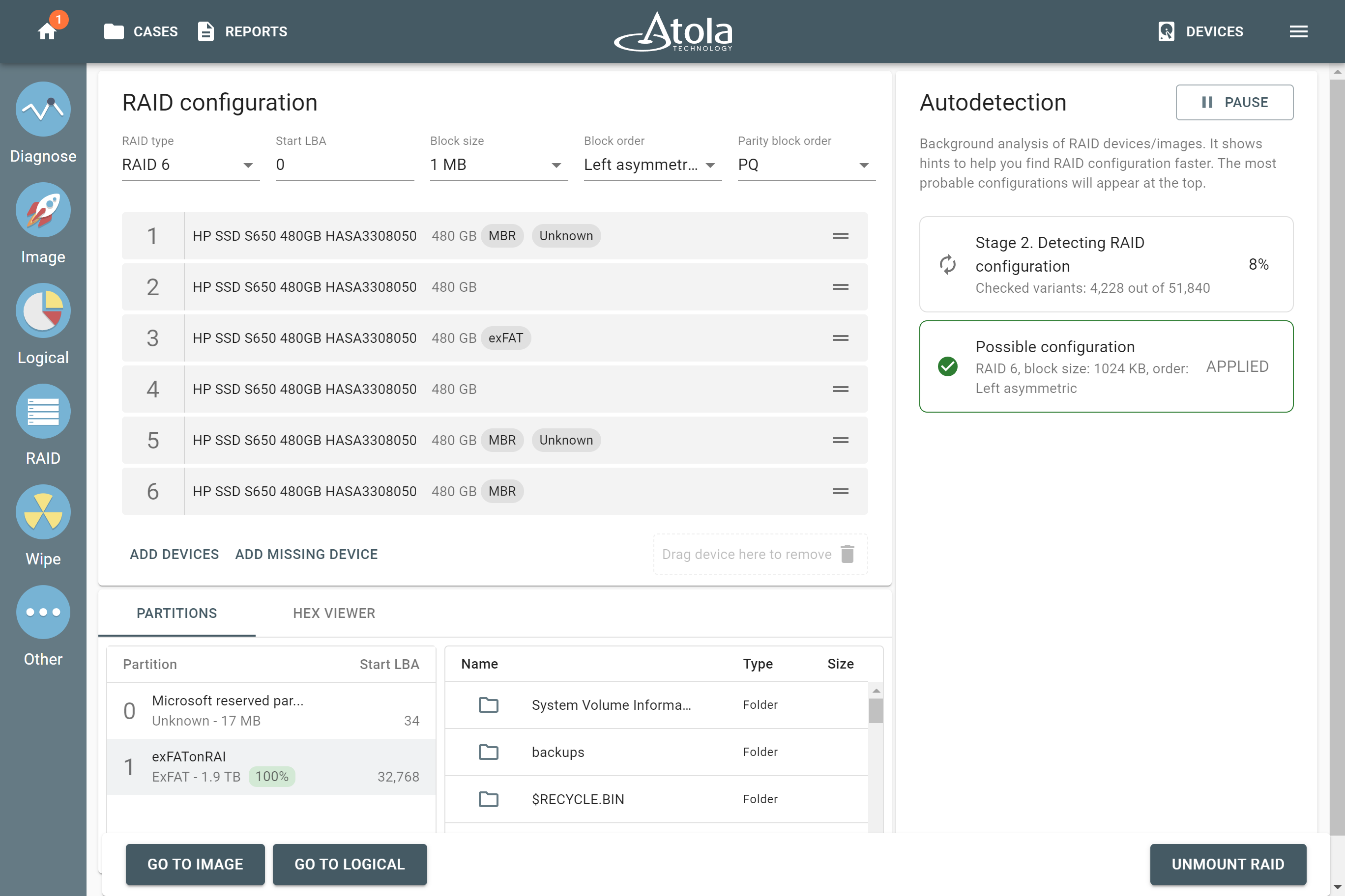 RAID 6 autodetection and imaging in Atola TaskForce 2023.10