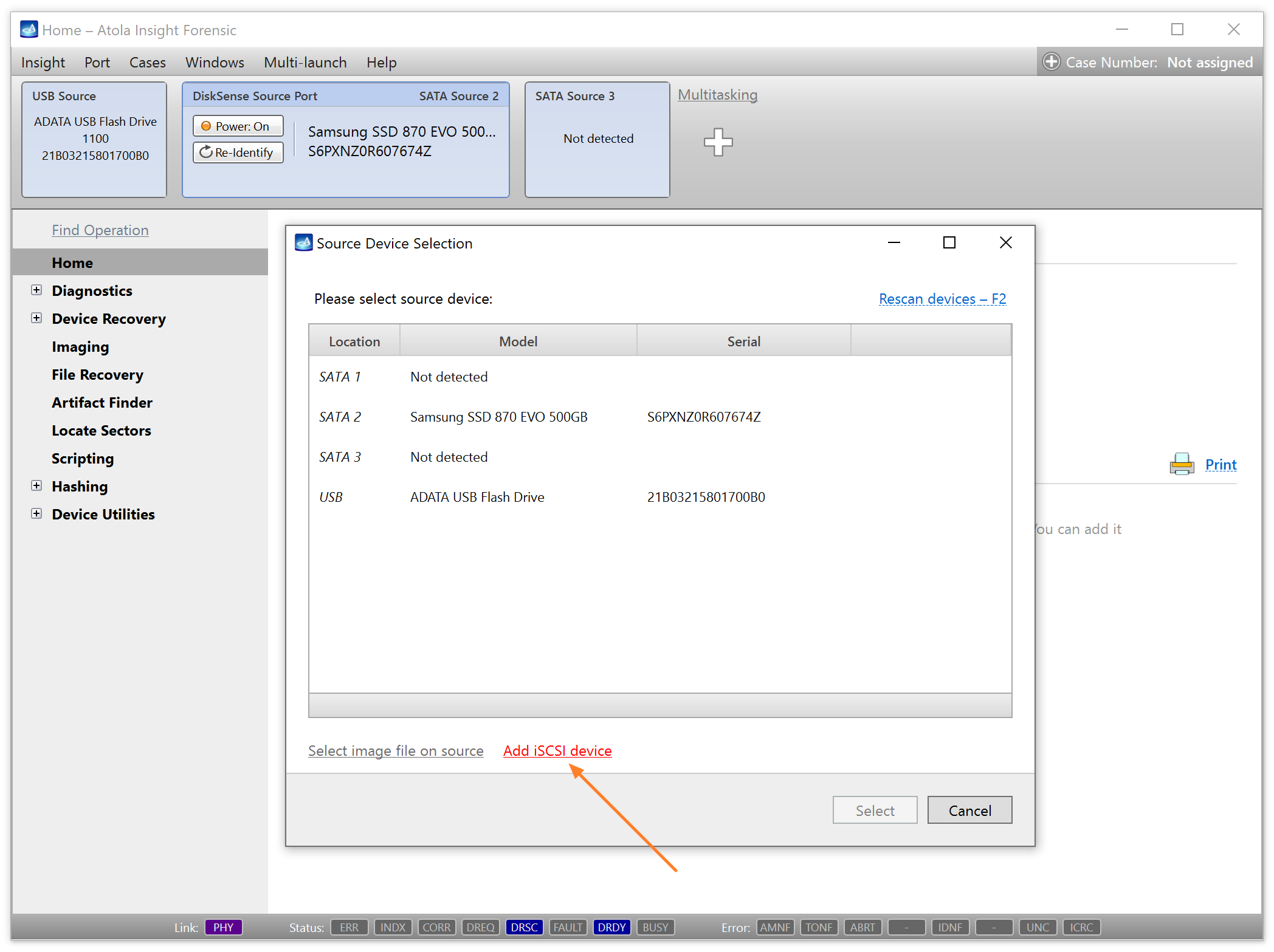 Adding an iSCSI device in Atola Insight Forensic 5.5