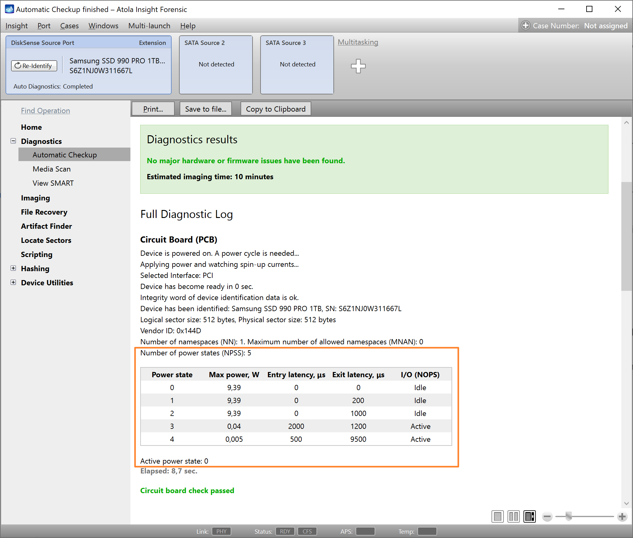 A table with all possible power states of an NVMe drive in Atola Insight Forensic 5.5.