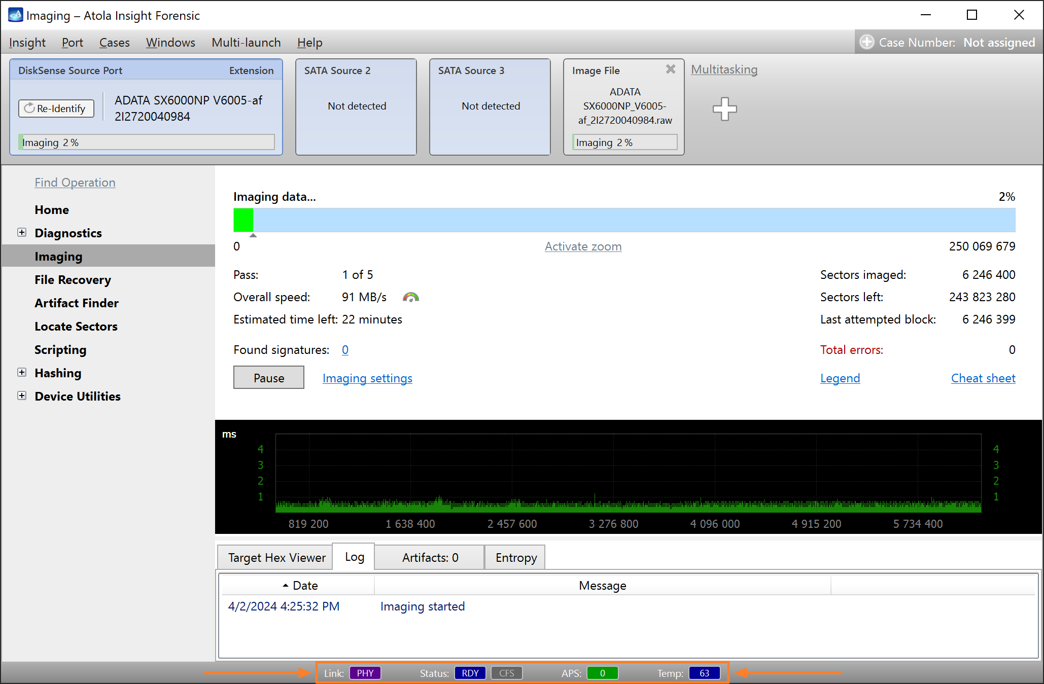 The NVMe status bar in Atola Insight Forensic 5.5.