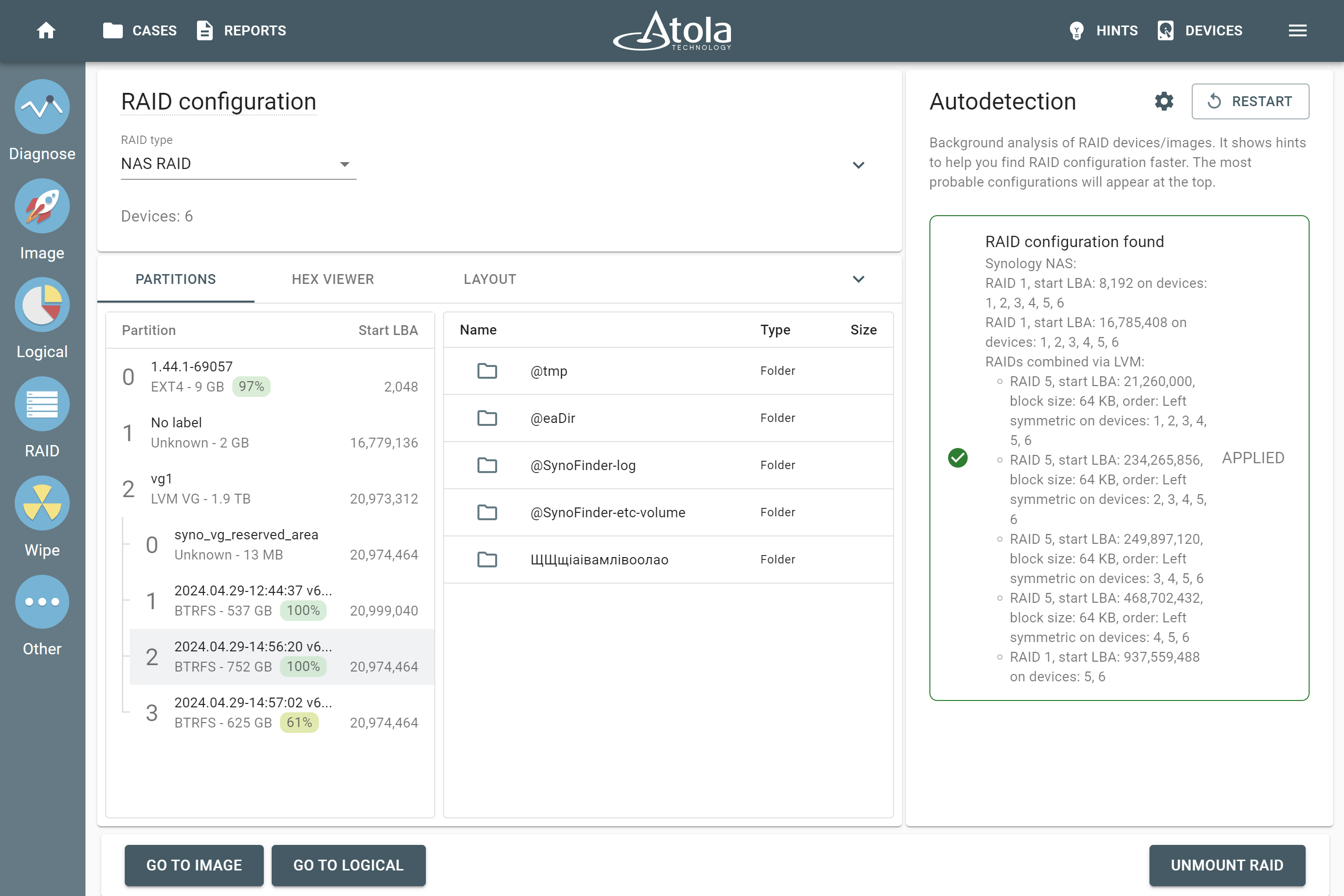 Synology NAS RAID automatically reassembled in Atola TaskForce