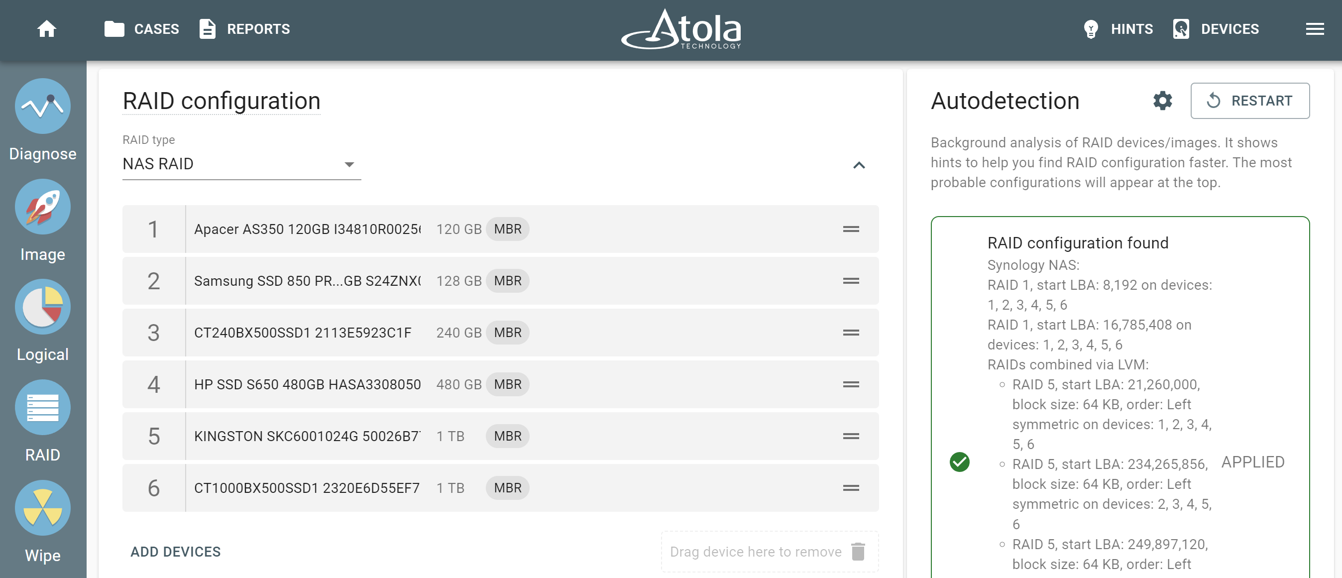 Reassemble Synology NAS RAIDs automatically in Atola TaskForce.