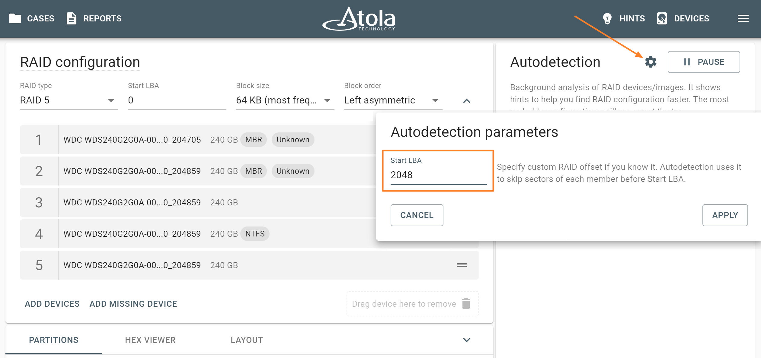 Setting up Start LBA in the RAID autodetection module of Atola TaskForce.