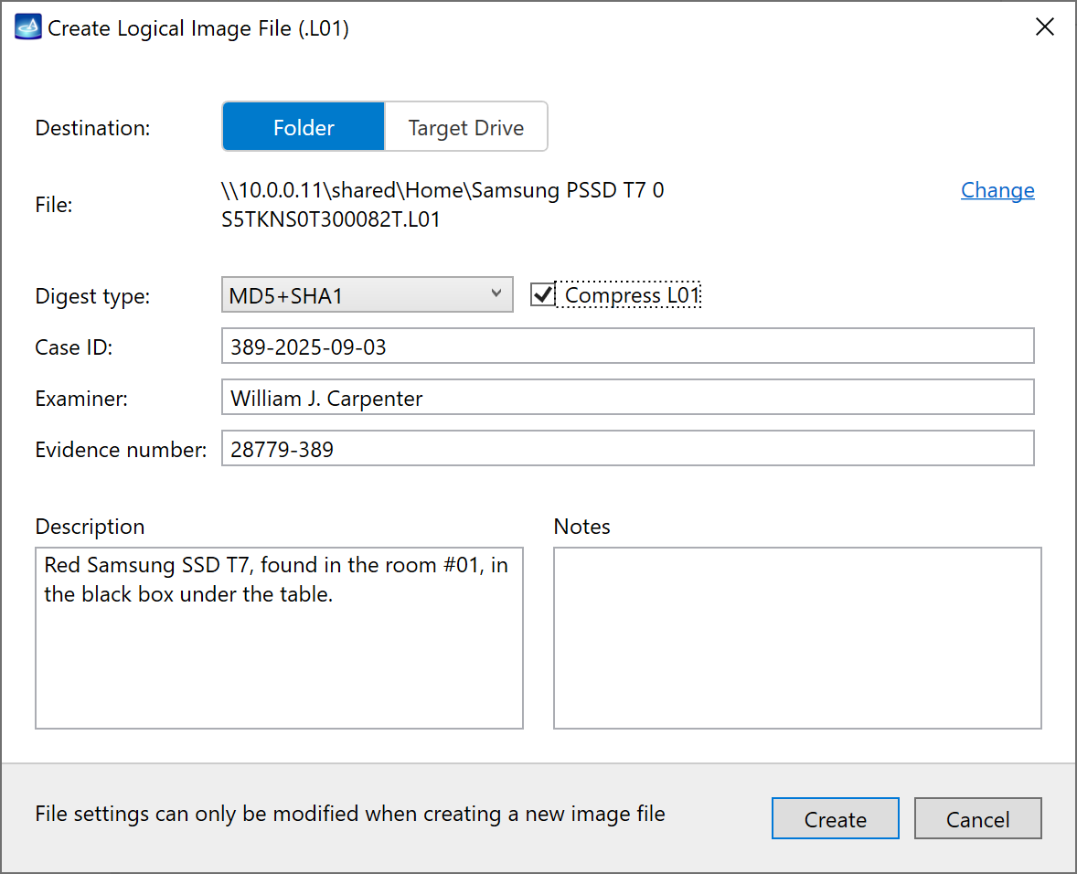 Creating an L01 file for logical imaging in Atola Insight Forensic 5.7