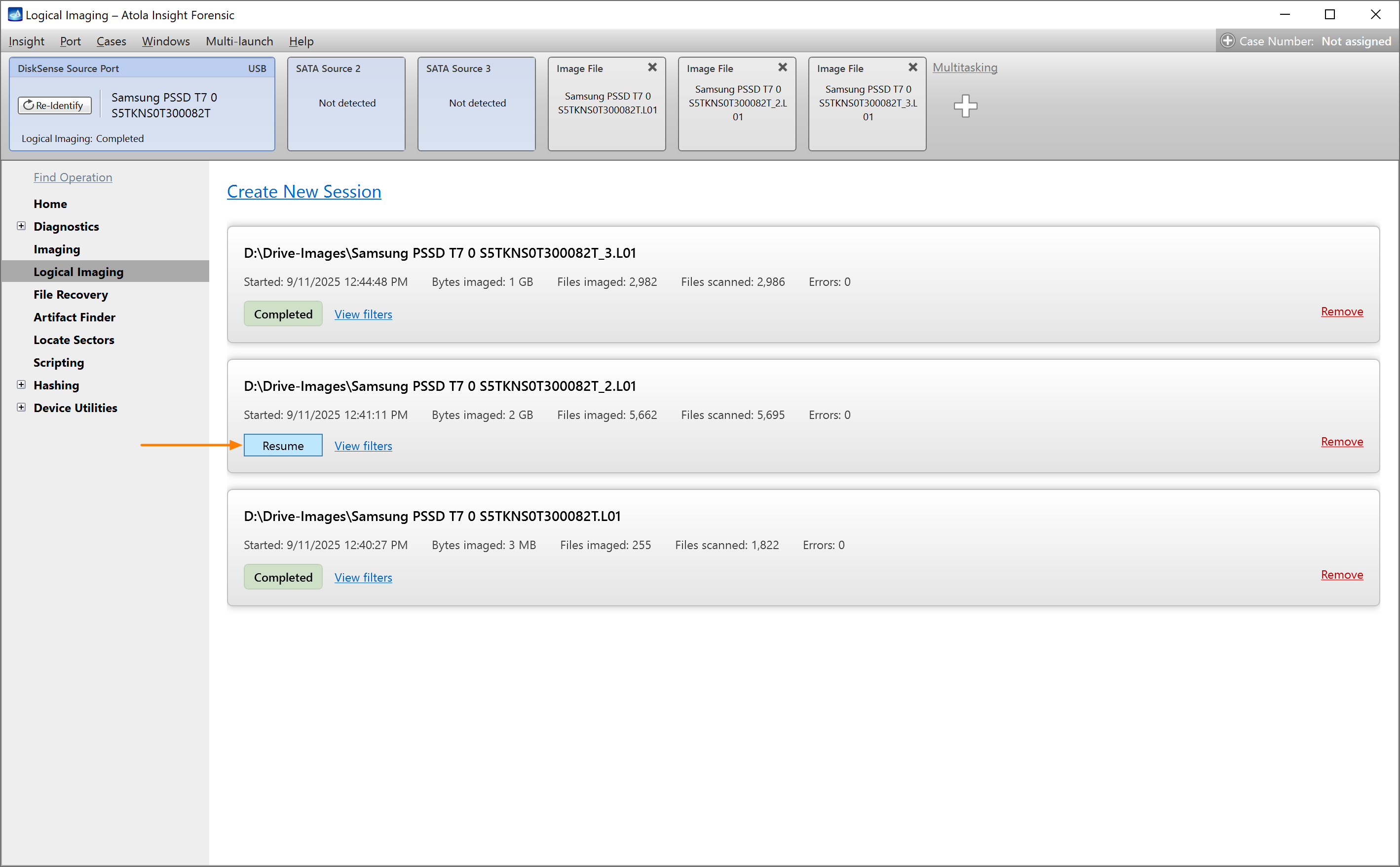 Resuming a logical imaging session in Atola Insight Forensic 5.7