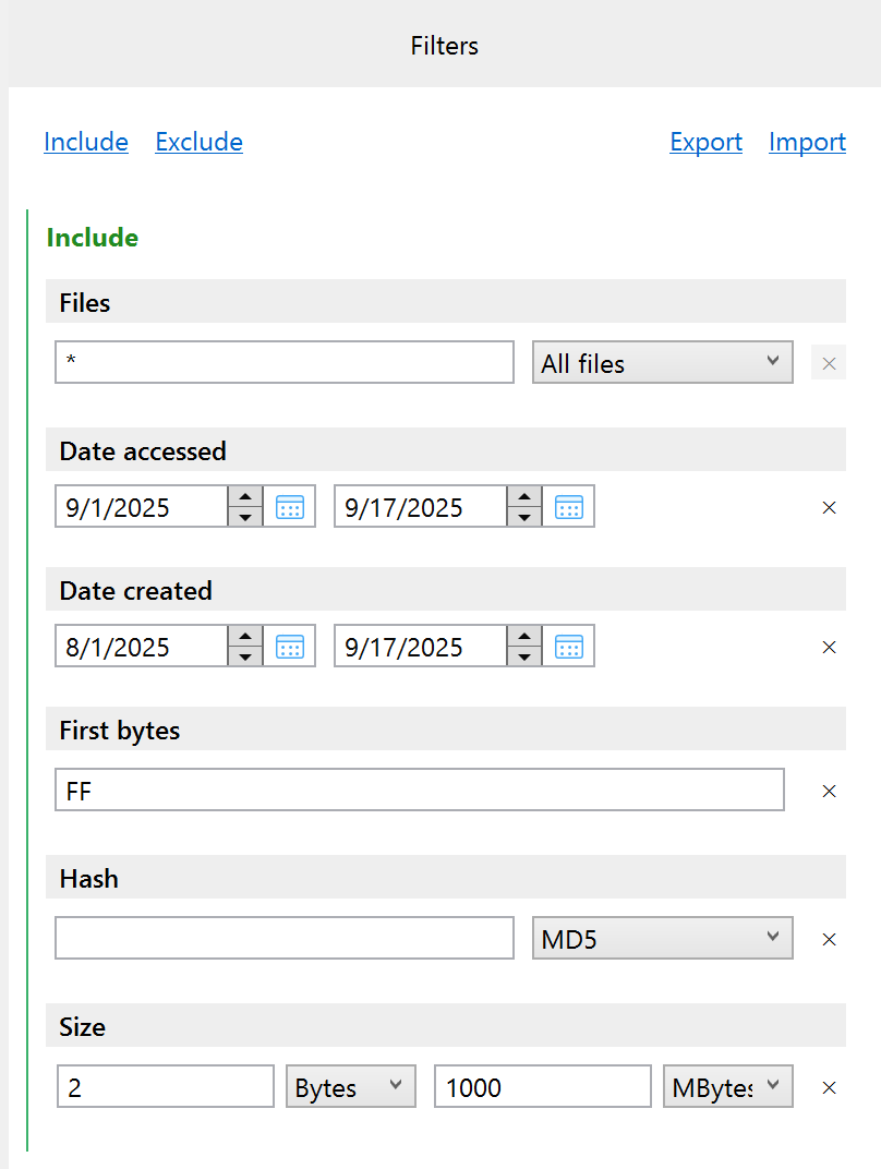 Additional filtering options in the Logical imaging module of Atola Insight Forensic.