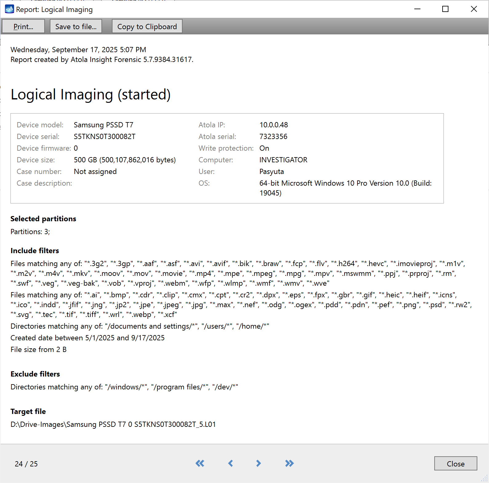 The Logical imaging (started) report.