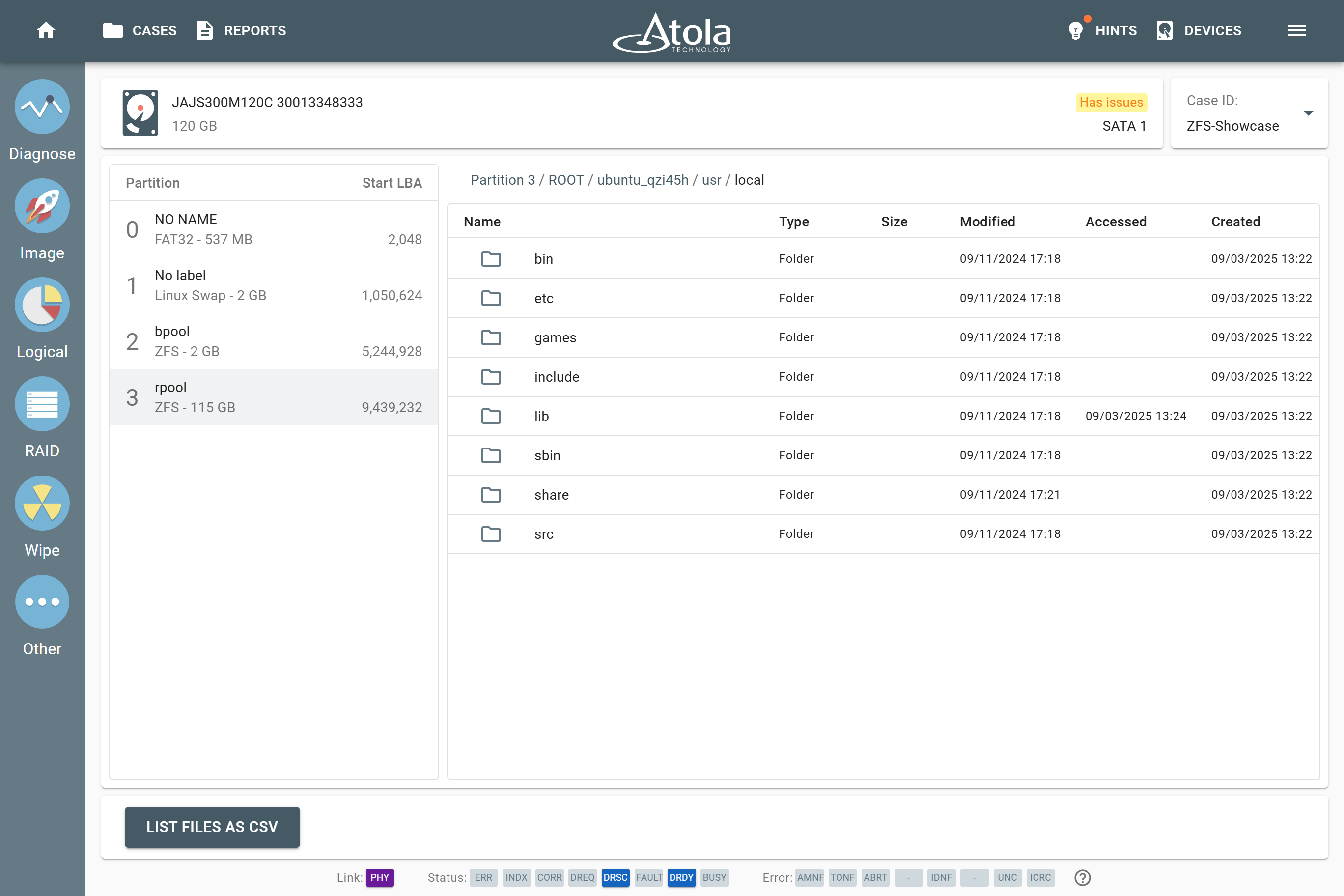 Browsing a drive with ZFS partitions in Atola TaskForce.