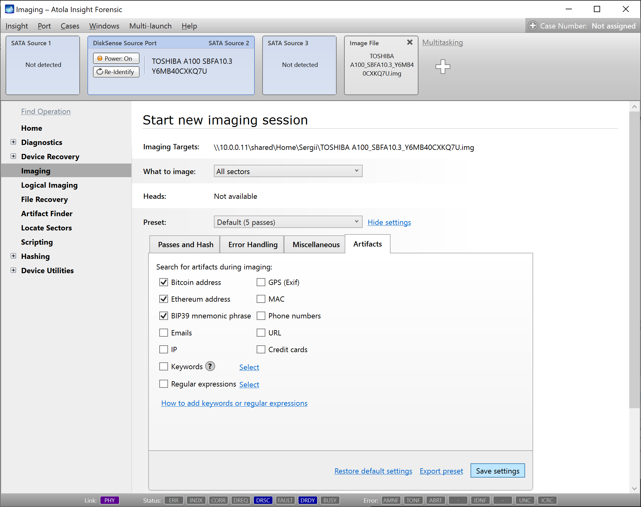 Starting a new imaging session in Insight Forensic 5.8