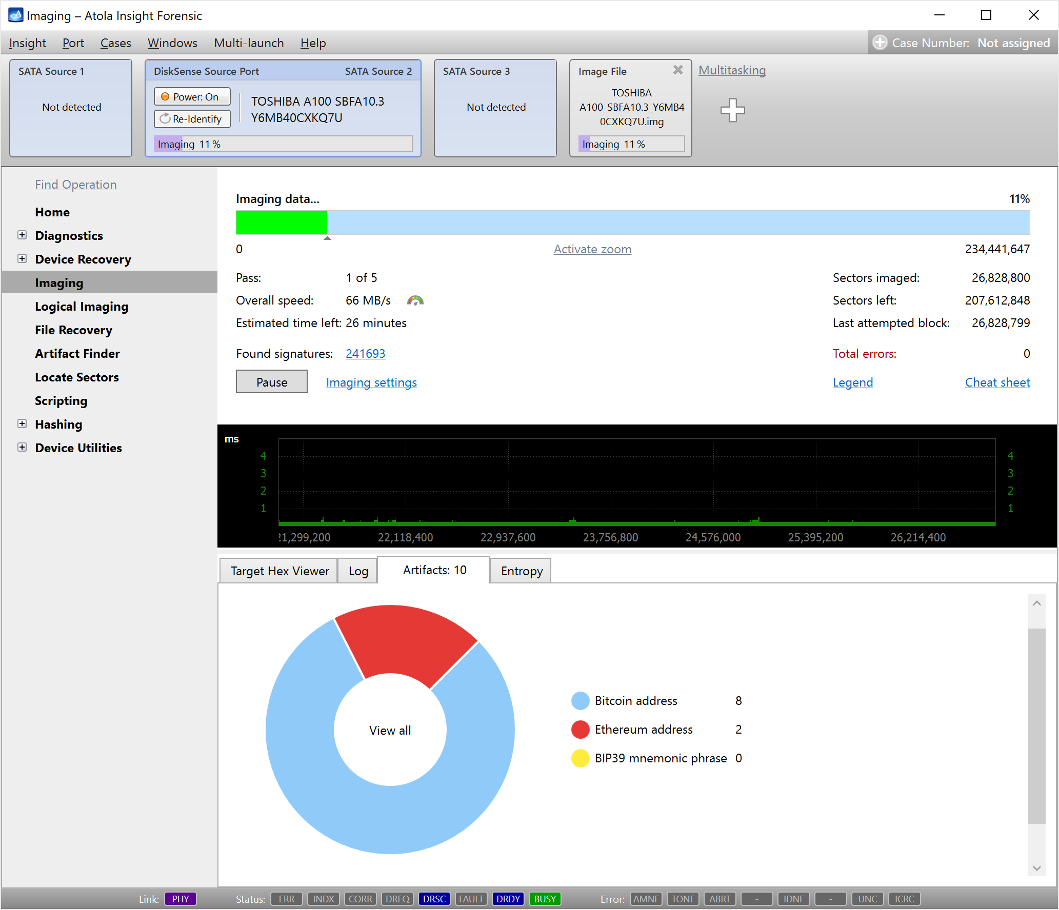 The imaging progress and the found artifacts in Insight Forensic 5.8