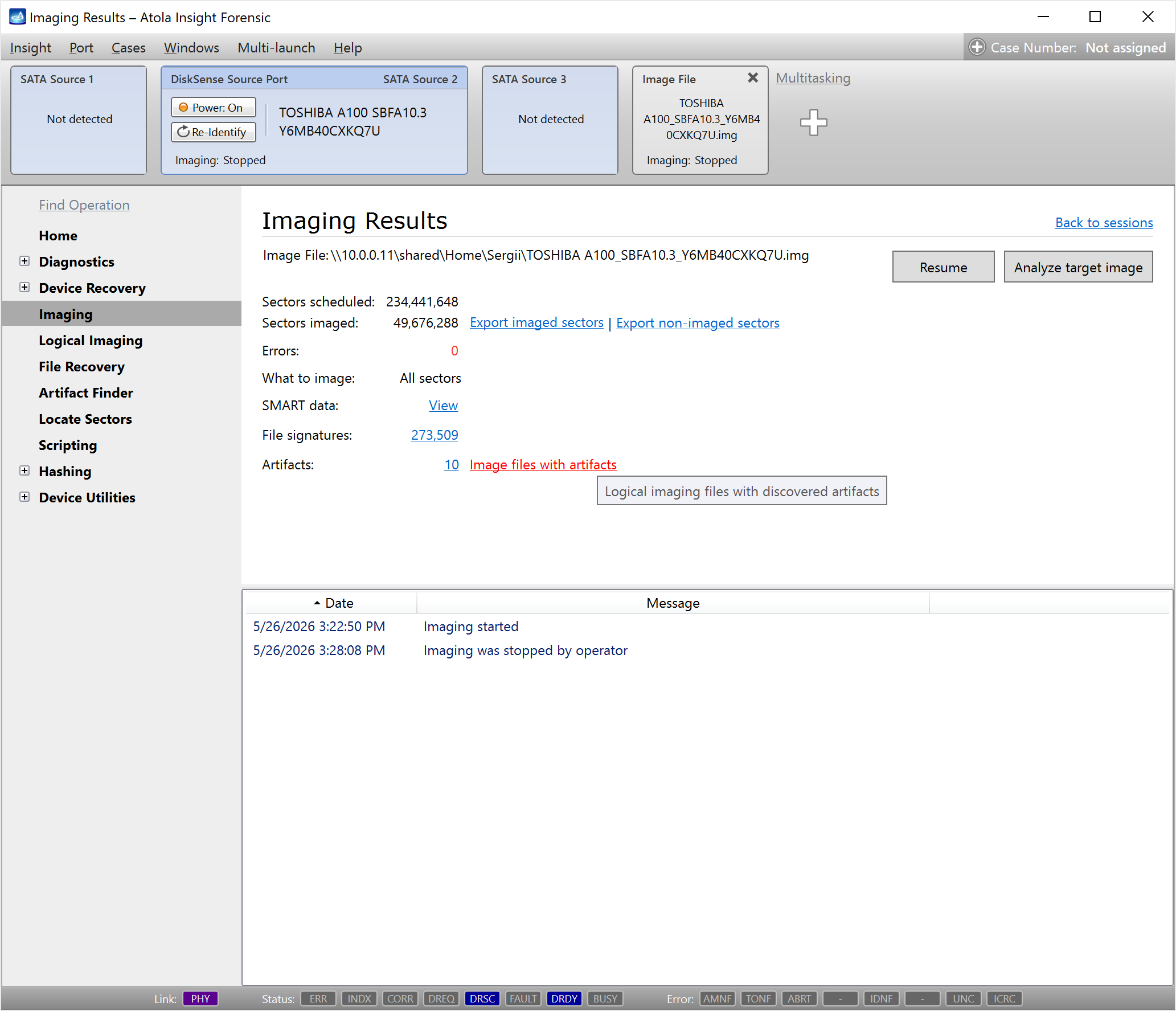 The Imaging Results screen in Insight Forensic 5.8 with the number of artifacts found.