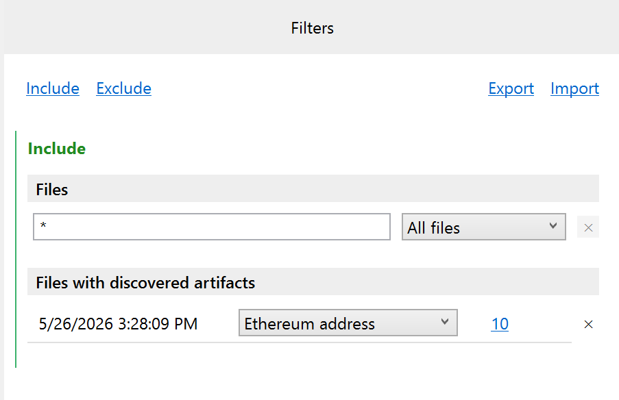 The applied filters on the Logical imaging screen: files with discovered artifacts