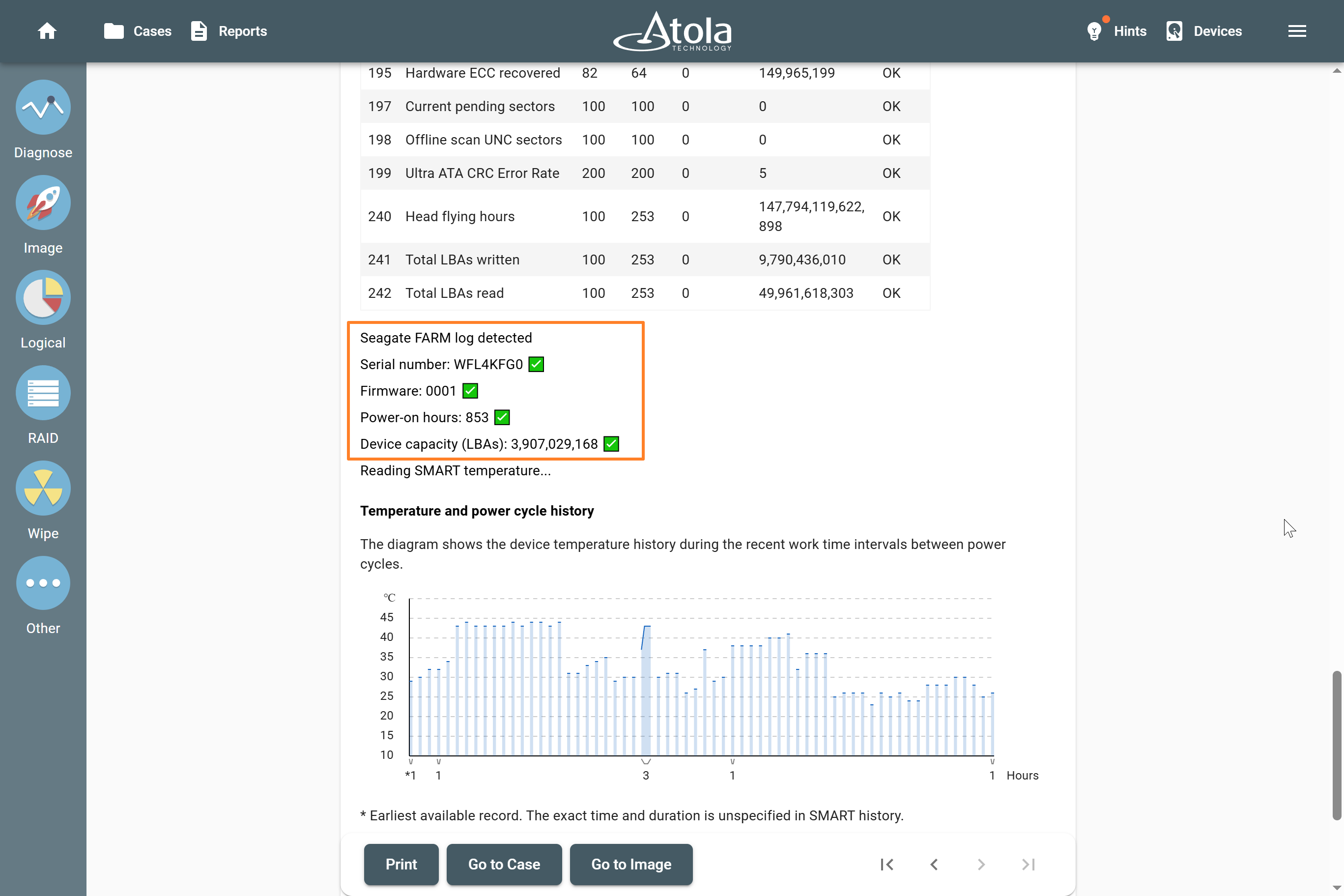 The Diagnostics module compares power-on hours, model, serial, or capacity between FARM and SMART.