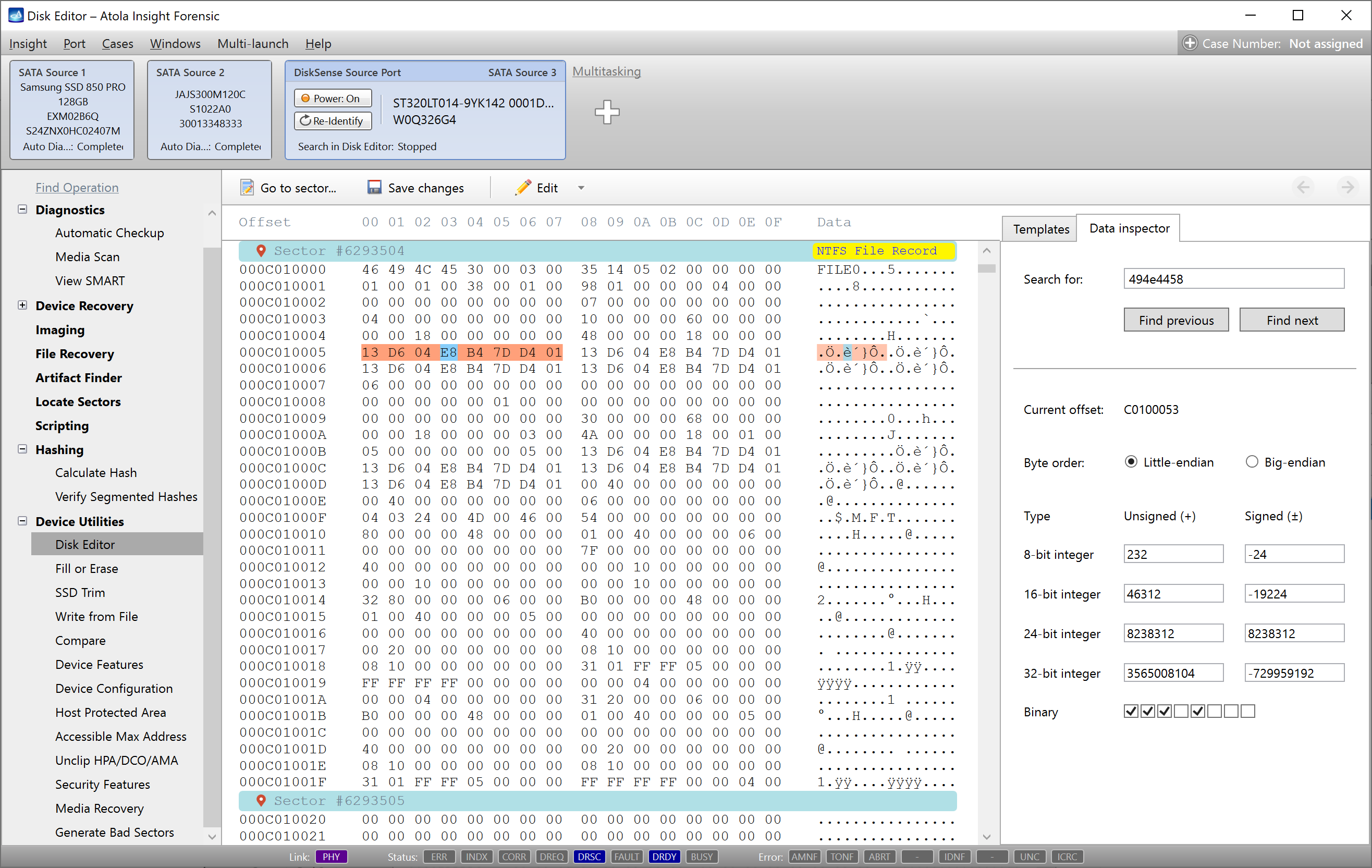 The Data inspector tab in the Disk editor.