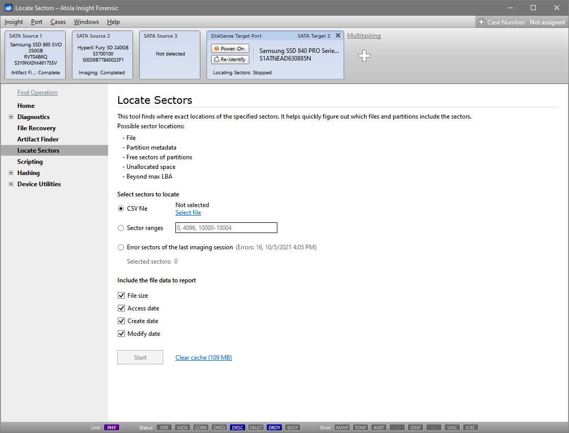 Locate sectors feature helps find the sector's data relation to the file system on the drive
