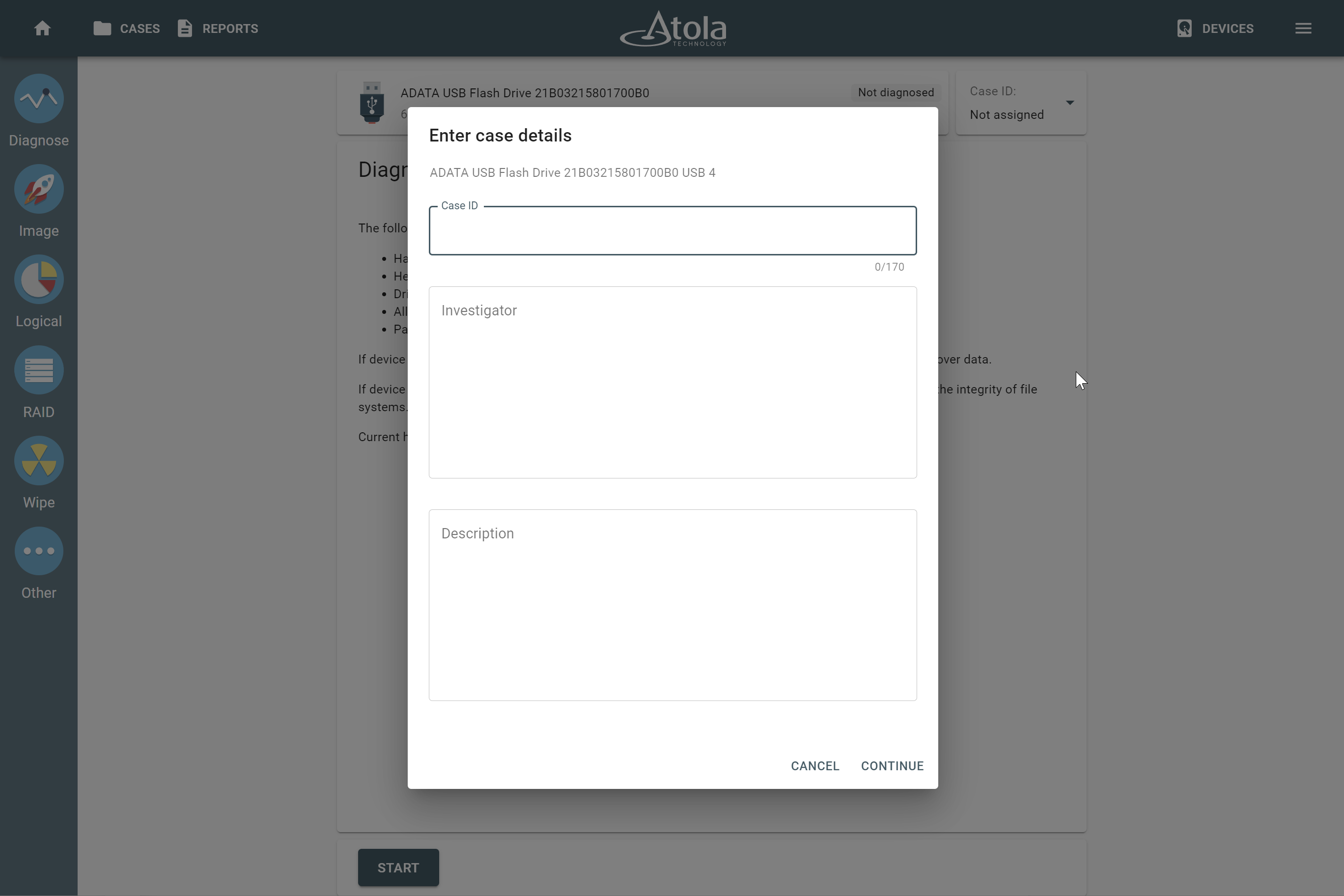 
      Atola TaskForce asks a user to enter case details before starting diagnostics.
    